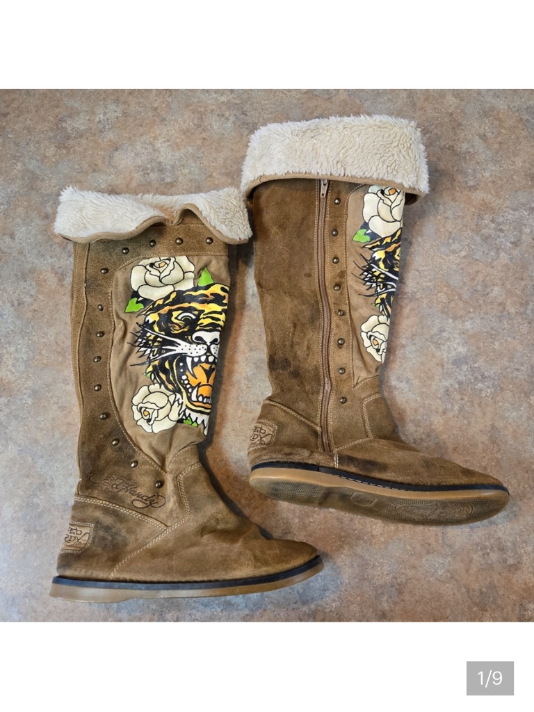 Ed Hardy Don Women’s Tall Brown Suede Boots With Tiger & Floral Embroidery 8